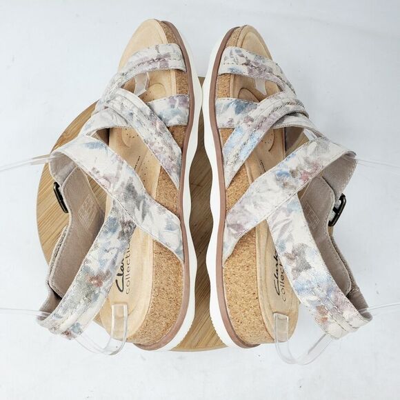 Clarks Sandals Women 7 Brynn Step Slide‎ Floral Low Wedge Platform Comfort Shoes - Picture 11 of 13